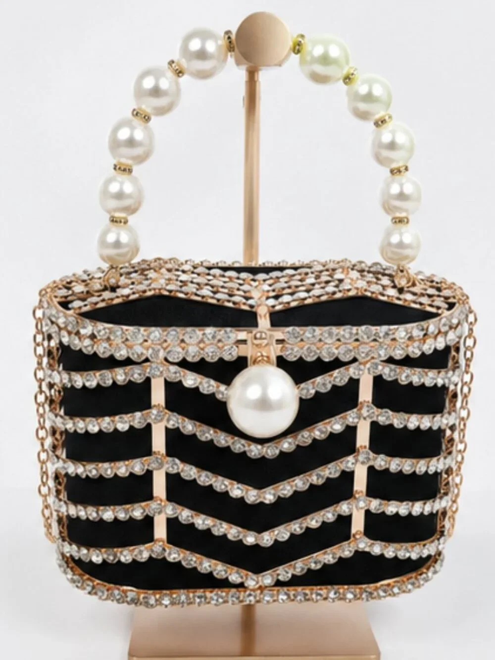 Glam Rhinestone & Pearl Cage Clutch Bag NWT Evening Purse
